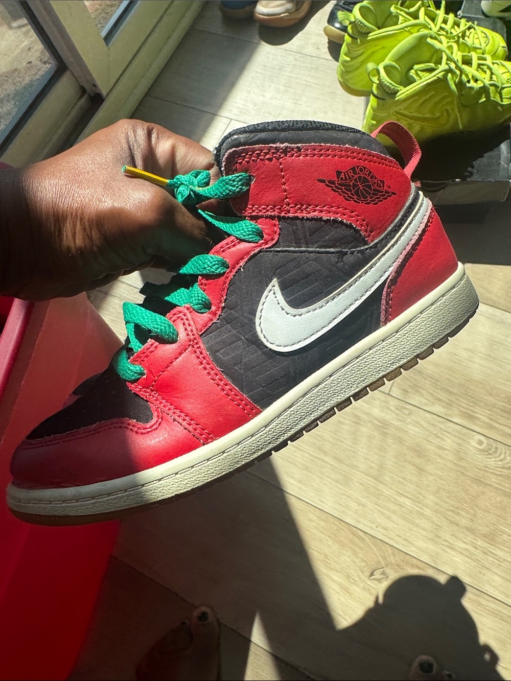 Jordan Kids High-Top Sneakers in Red, Black & White with Green Laces